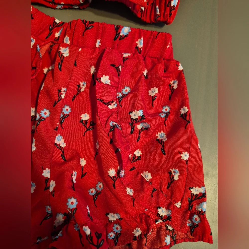 Red Floral Top And Shorts Set